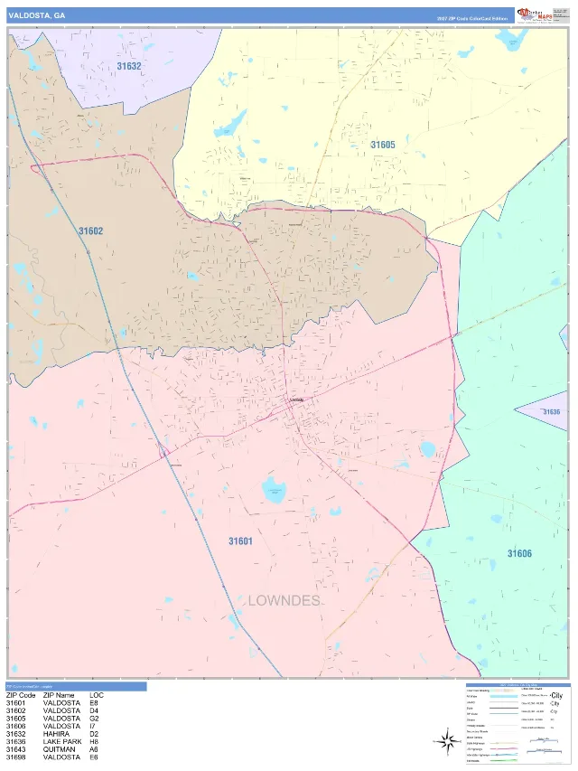 Valdosta, GA ZIP Code Wall Map, ColorCast style