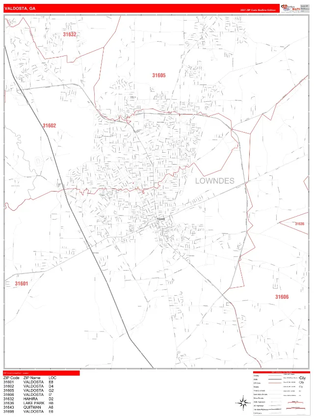 Valdosta, GA ZIP Code Wall Map, RedLine style