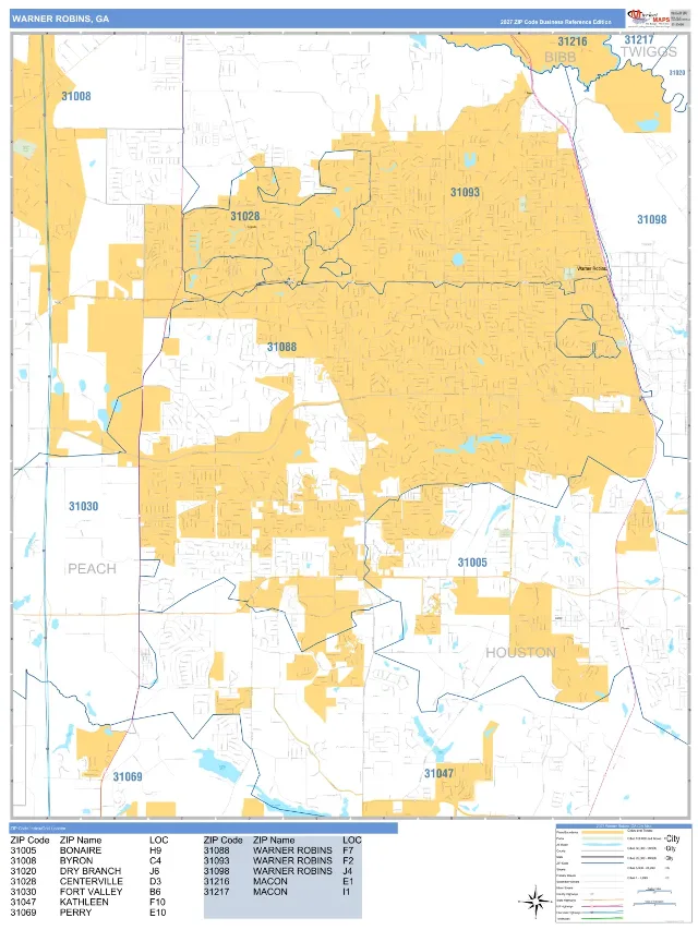 Warner Robins, GA ZIP Code Wall Map, Business Reference style