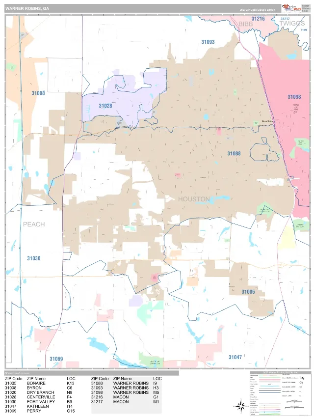 Warner Robins, GA ZIP Code Wall Map, Classic style