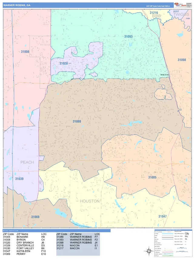 Warner Robins, GA ZIP Code Wall Map, ColorCast style