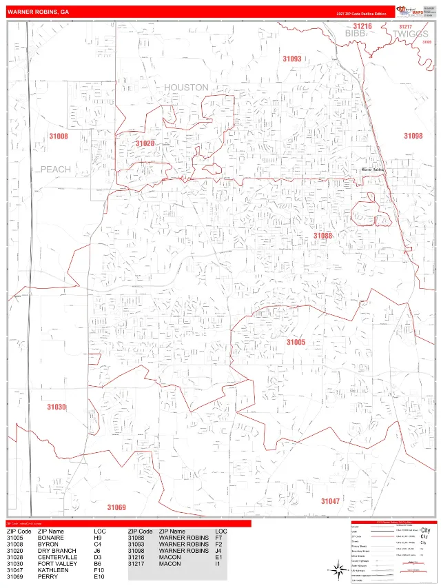 Warner Robins, GA ZIP Code Wall Map, RedLine style