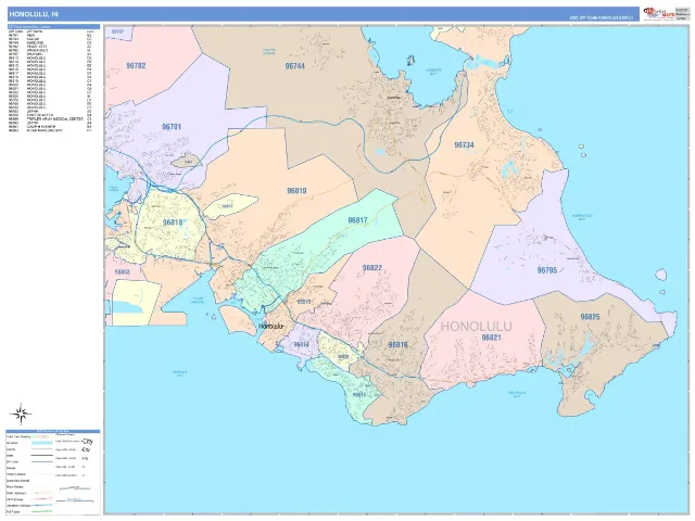 Honolulu, HI ZIP Code Wall Map, ColorCast style