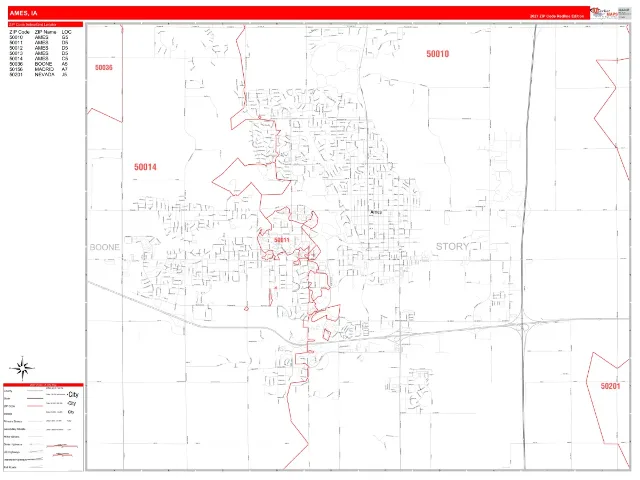 Ames, IA ZIP Code Wall Map, RedLine style