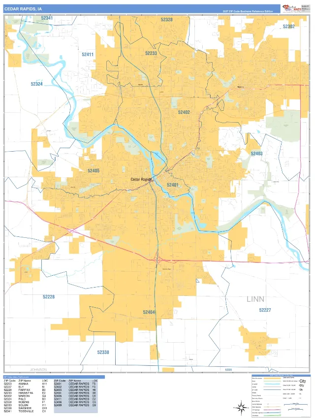Cedar Rapids, IA ZIP Code Wall Map, Business Reference style