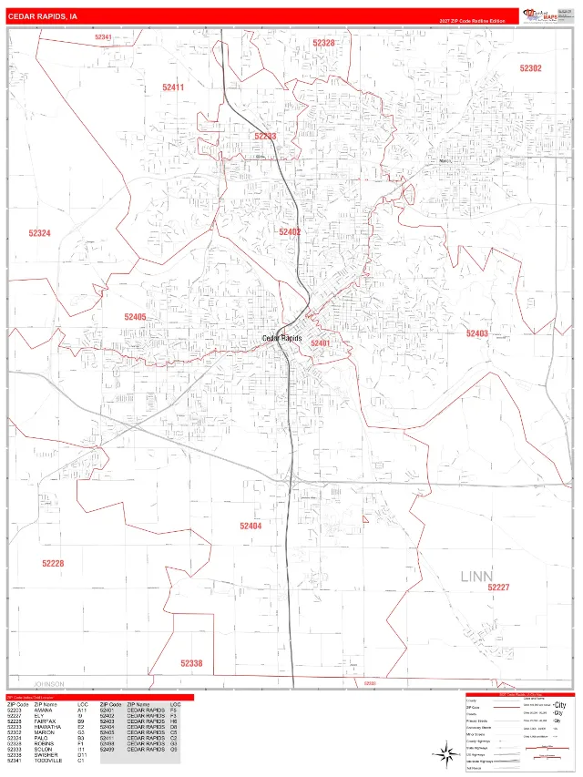 Cedar Rapids, IA ZIP Code Wall Map, RedLine style