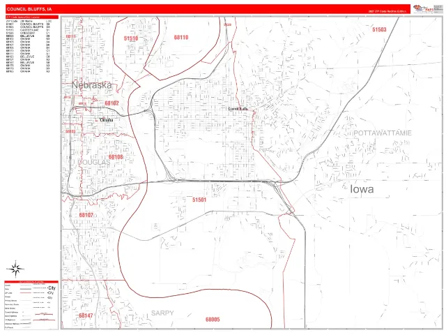 Council Bluffs, IA ZIP Code Wall Map, RedLine style