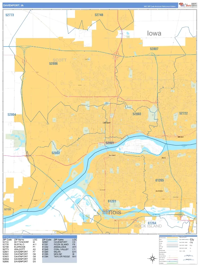 Davenport, IA ZIP Code Wall Map, Business Reference style