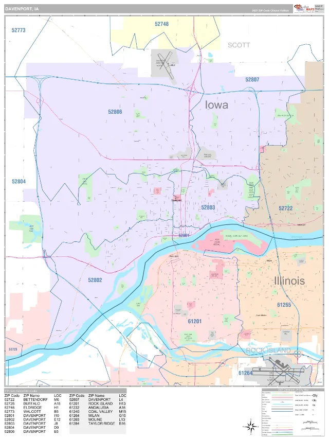 Davenport, IA ZIP Code Wall Map, Classic style