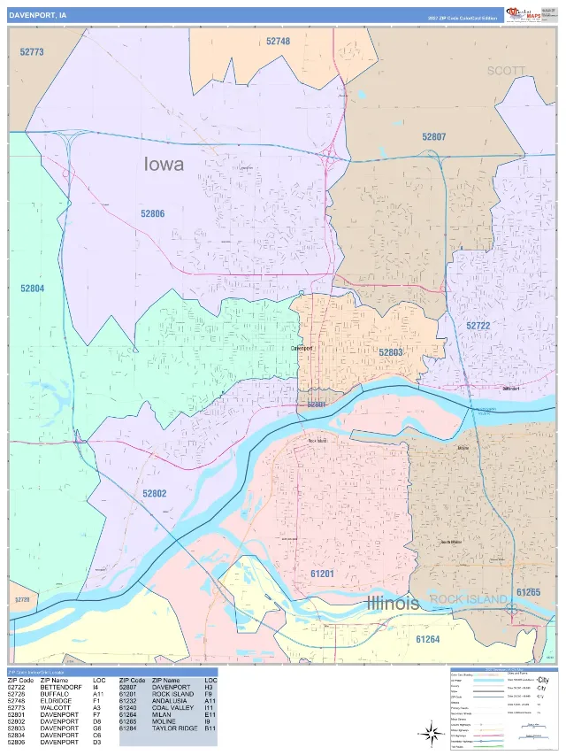 Davenport, IA ZIP Code Wall Map, ColorCast style