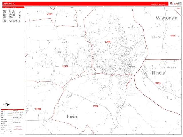 Dubuque, IA ZIP Code Wall Map, RedLine style