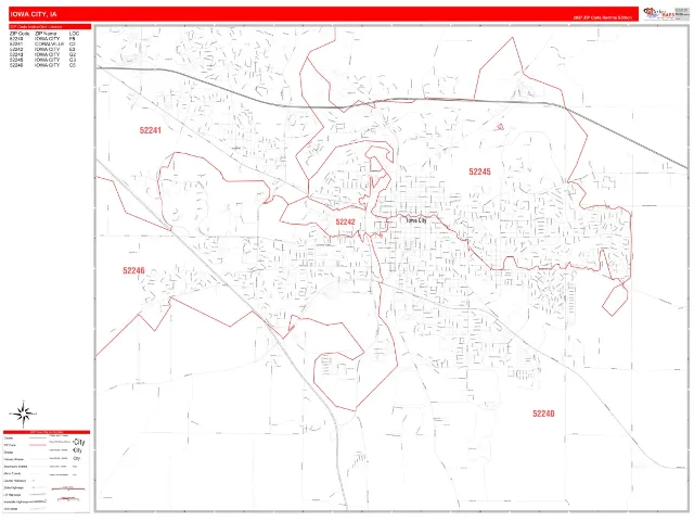 Iowa City, IA ZIP Code Wall Map, RedLine style