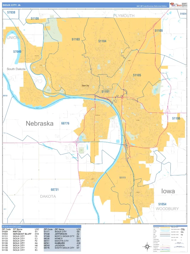 Sioux City, IA ZIP Code Wall Map, Business Reference style