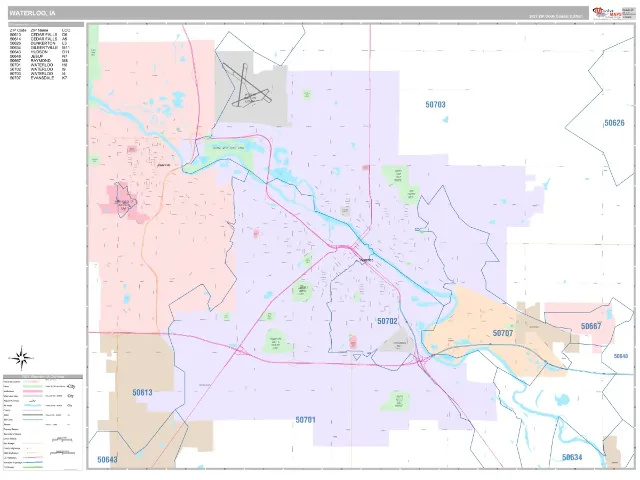 Waterloo, IA ZIP Code Wall Map, Classic style