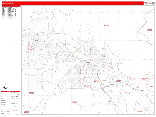 Waterloo, IA ZIP Code Wall Map, RedLine style