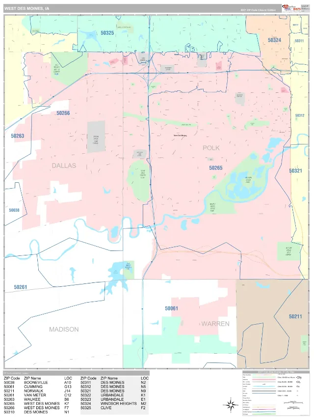 West Des Moines, IA ZIP Code Wall Map, Classic style