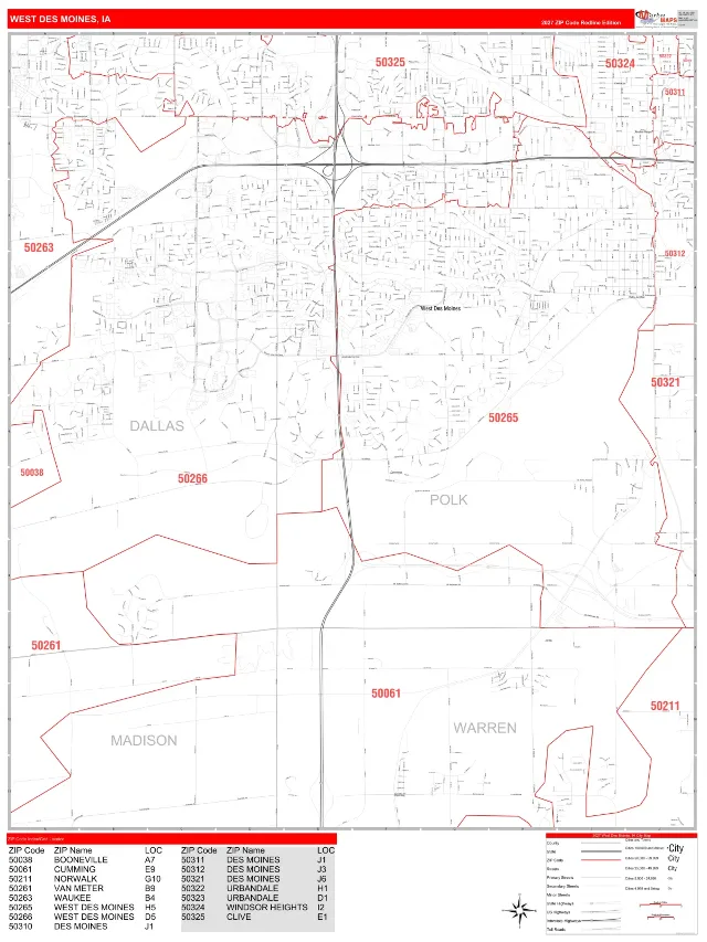West Des Moines, IA ZIP Code Wall Map, RedLine style