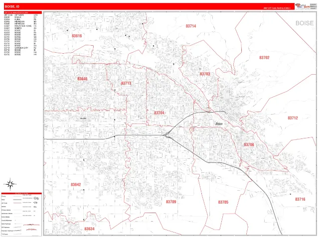 Boise, ID ZIP Code Wall Map, RedLine style