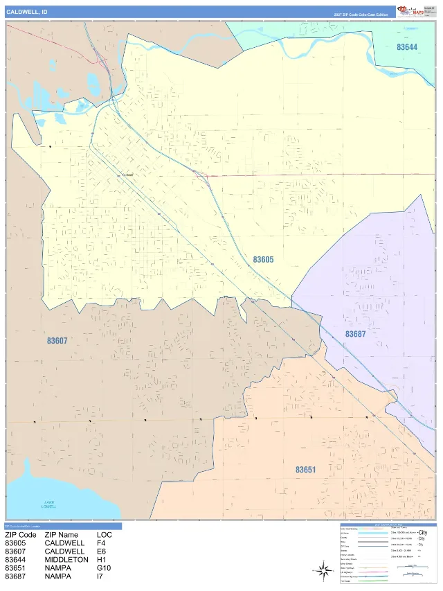 Caldwell, ID ZIP Code Wall Map, ColorCast style