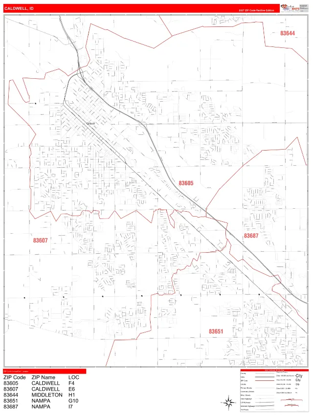 Caldwell, ID ZIP Code Wall Map, RedLine style