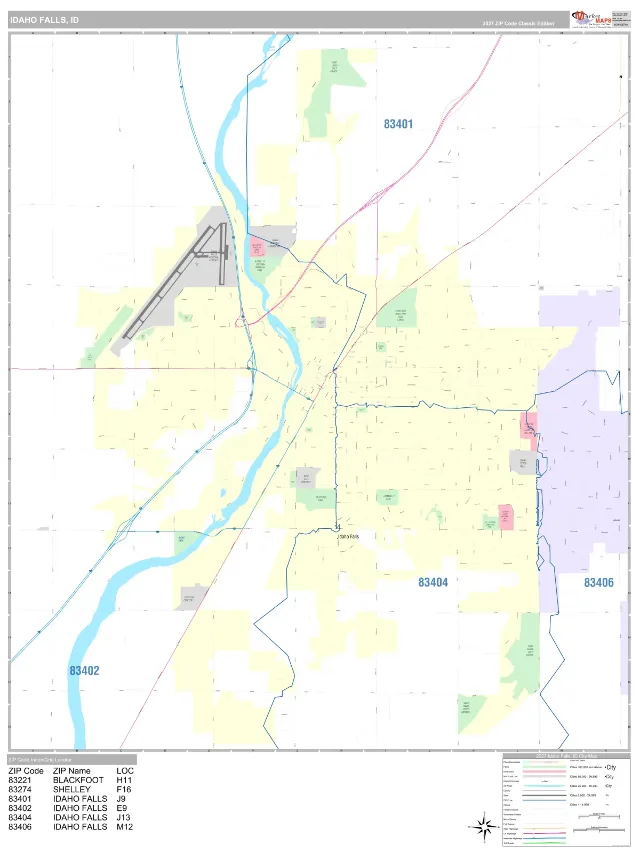 Idaho Falls, ID ZIP Code Wall Map, Classic style