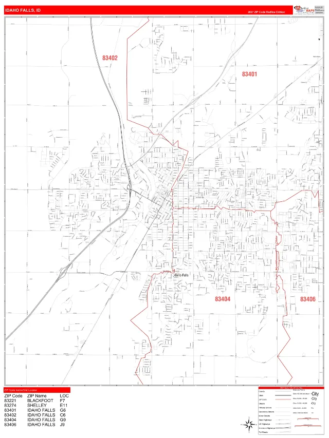 Idaho Falls, ID ZIP Code Wall Map, RedLine style