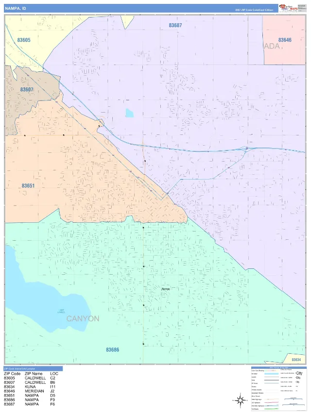 Nampa, ID ZIP Code Wall Map, ColorCast style