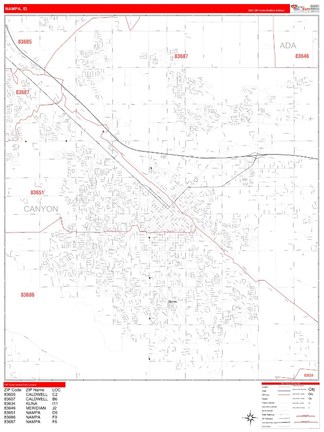 Nampa, ID ZIP Code Wall Map, RedLine style