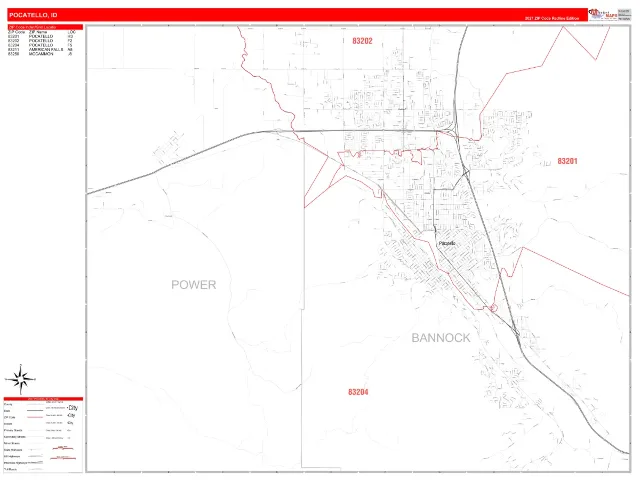 Pocatello, ID ZIP Code Wall Map, RedLine style