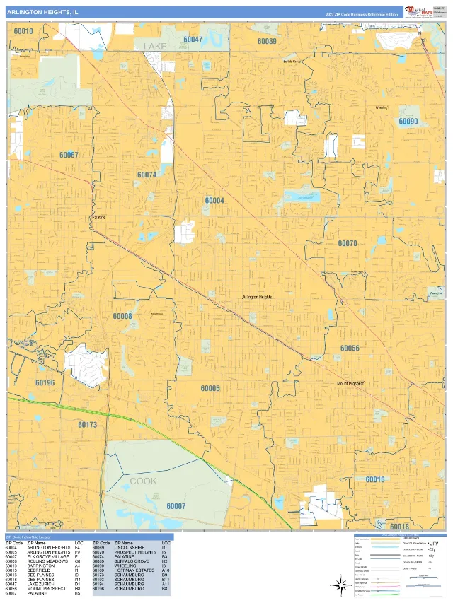 Arlington Heights, IL ZIP Code Wall Map, Business Reference style