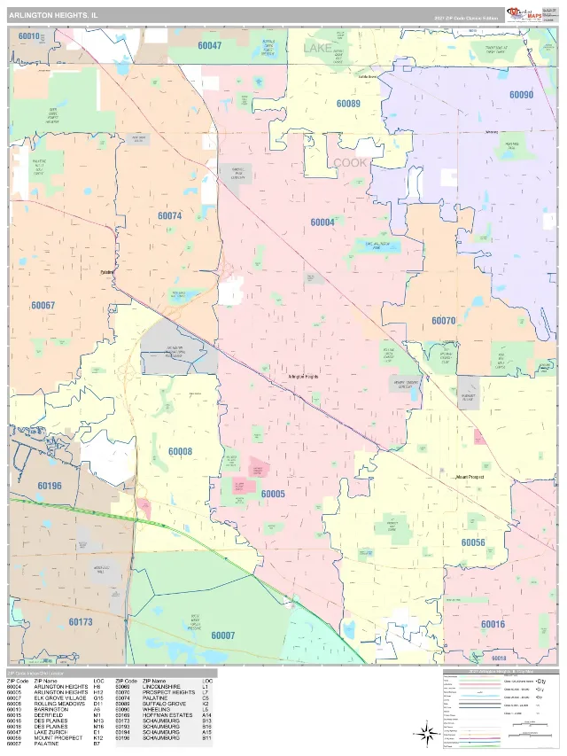 Arlington Heights, IL ZIP Code Wall Map, Classic style