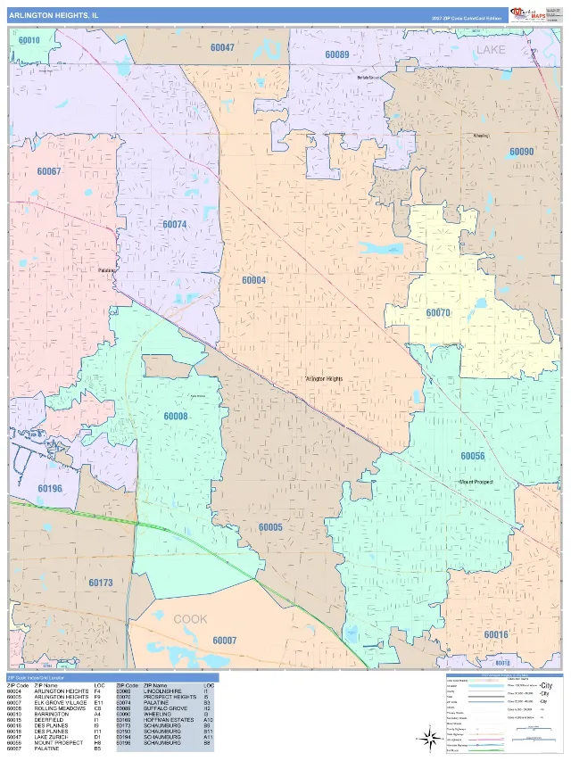 Arlington Heights, IL ZIP Code Wall Map, ColorCast style