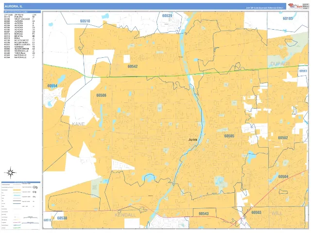Aurora, IL ZIP Code Wall Map, Business Reference style