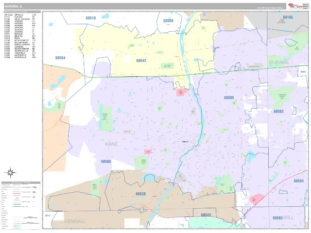 Aurora, IL ZIP Code Wall Map, Classic style