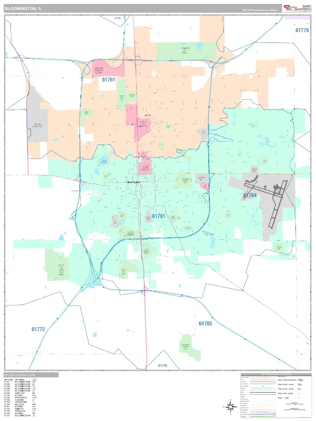 Bloomington, IL ZIP Code Wall Map, Classic style