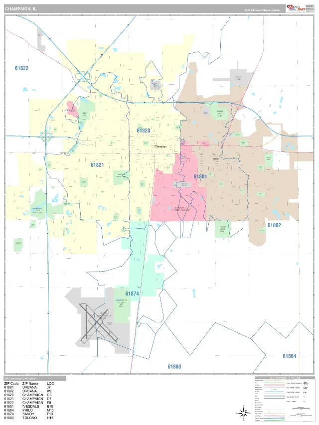 Champaign, IL ZIP Code Wall Map, Classic style