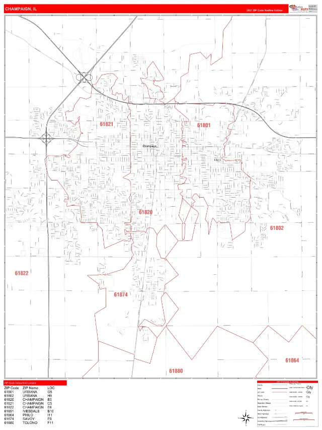 Champaign, IL ZIP Code Wall Map, RedLine style