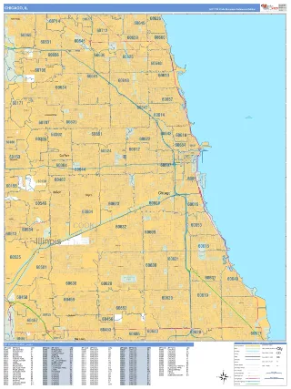 Chicago, IL Business Reference style ZIP Code wall map