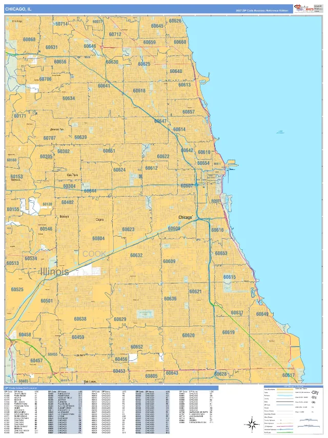 Chicago, IL ZIP Code Wall Map, Business Reference style
