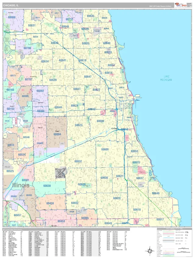 Chicago, IL ZIP Code Wall Map, Classic style