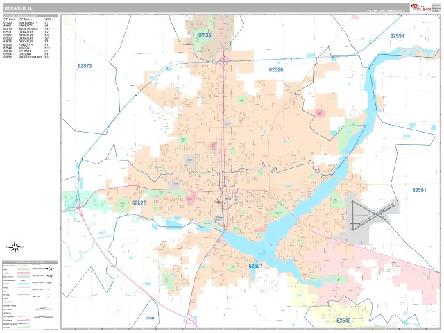 Decatur, IL ZIP Code Wall Map, Classic style