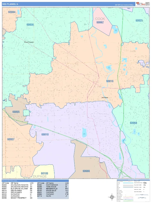 Des Plaines, IL ZIP Code Wall Map, ColorCast style