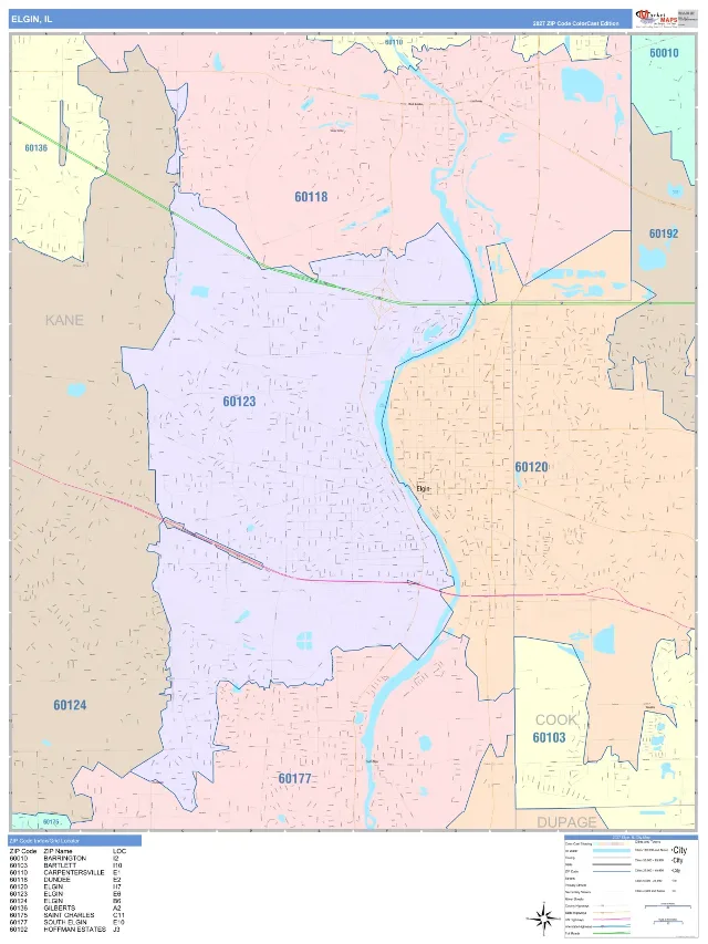 Elgin, IL ZIP Code Wall Map, ColorCast style