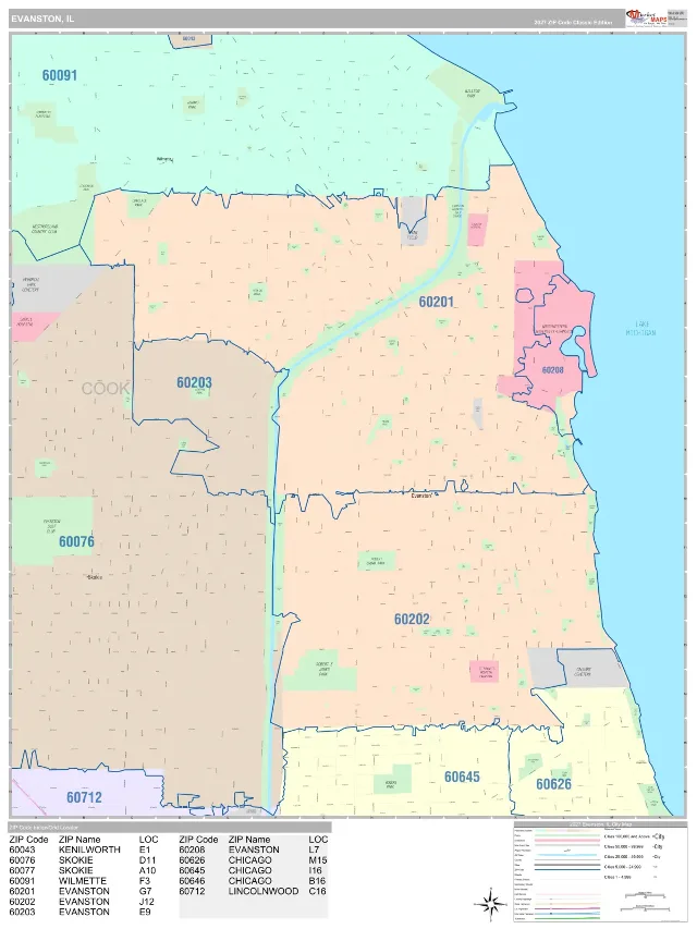 Evanston, IL ZIP Code Wall Map, Classic style