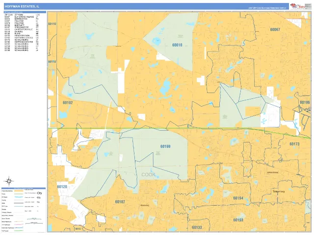 Hoffman Estates, IL ZIP Code Wall Map, Business Reference style