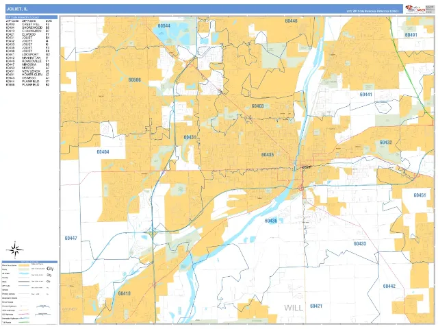 Joliet, IL ZIP Code Wall Map, Business Reference style