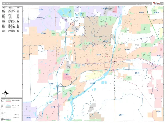 Joliet, IL ZIP Code Wall Map, Classic style