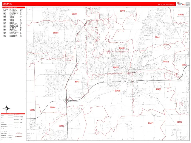 Joliet, IL ZIP Code Wall Map, RedLine style