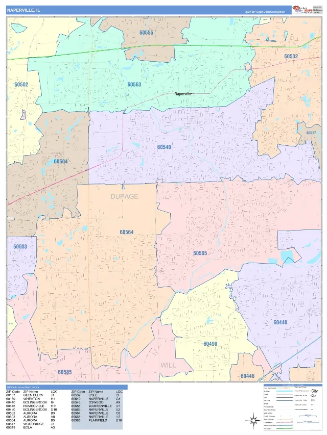 Naperville, IL ZIP Code Wall Map, ColorCast style