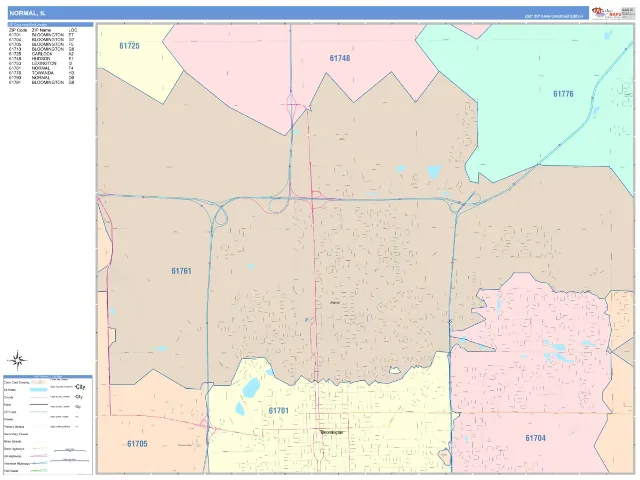 Normal, IL ZIP Code Wall Map, ColorCast style